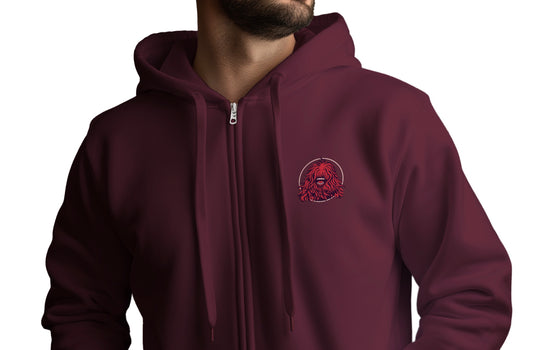 Zip Hoodie - "Waldgeist auf Baumstamm" Burgundy